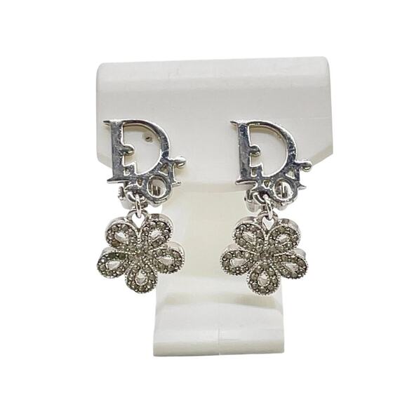 Christian Dior Flora Rhinestone x Metal Silver Earrings W/Box/Dustbag - Picture 4 of 14